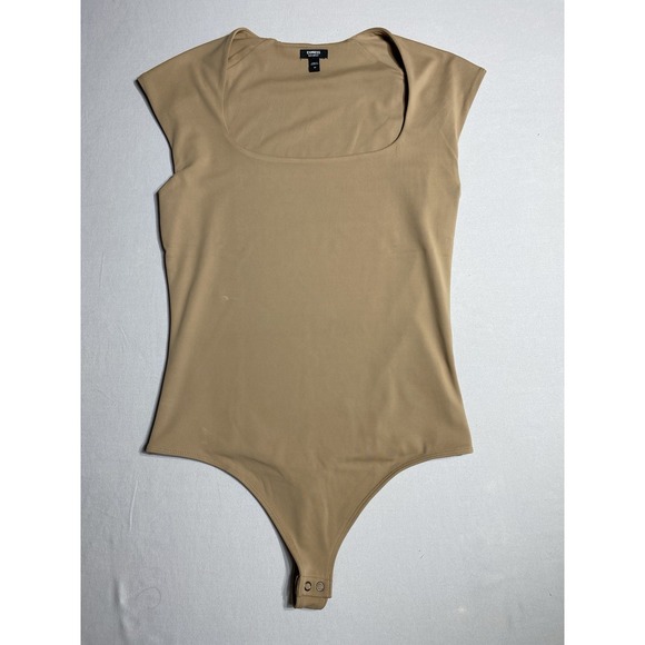 Contourelle Tops - Express Body Contour Bodysuit Womens M Tan Square Neck Cap Sleeve Thong